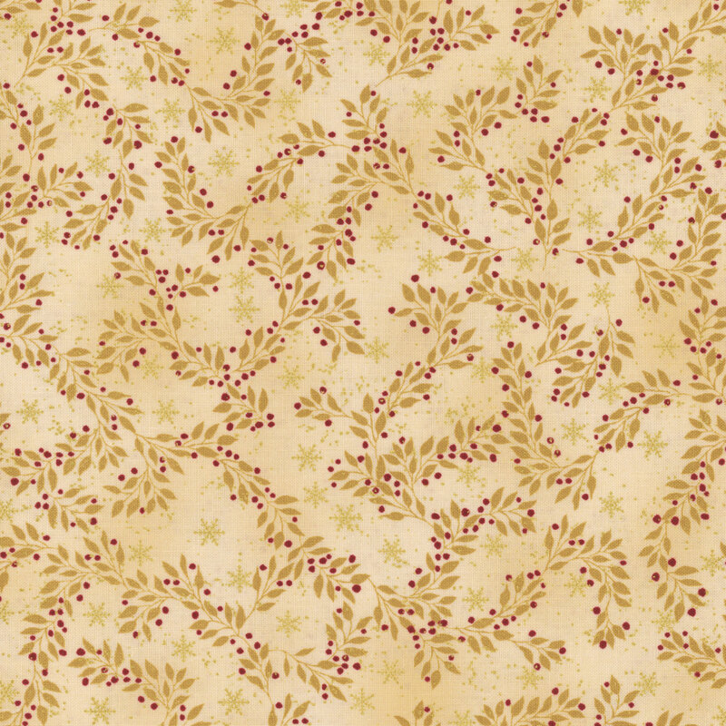 Mottled tan fabric with small scattered snowflakes and branching leaves and vines with gold metallic accents.