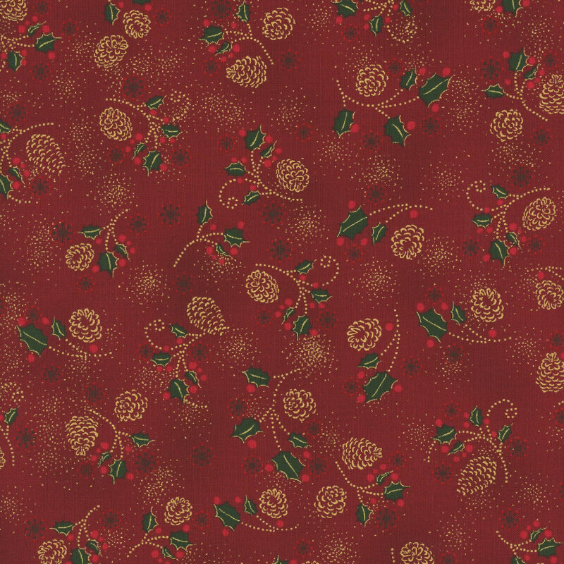 Mottled red fabric with tossed holly leaves, snowflakes, and pinecones with gold metallic accents.