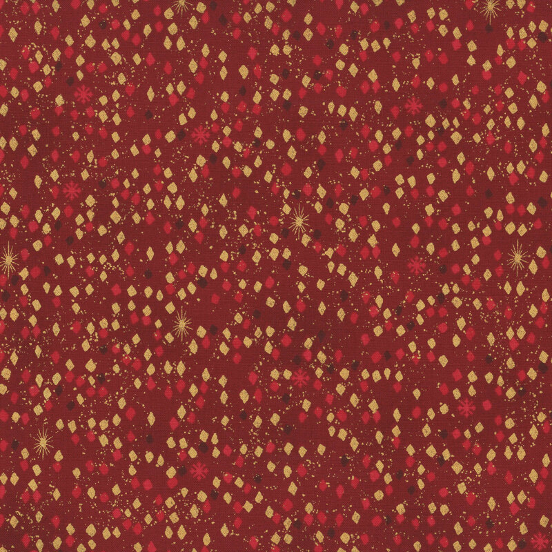 Mottled red fabric with small scattered stars and modern geometric design with gold metallic accents.