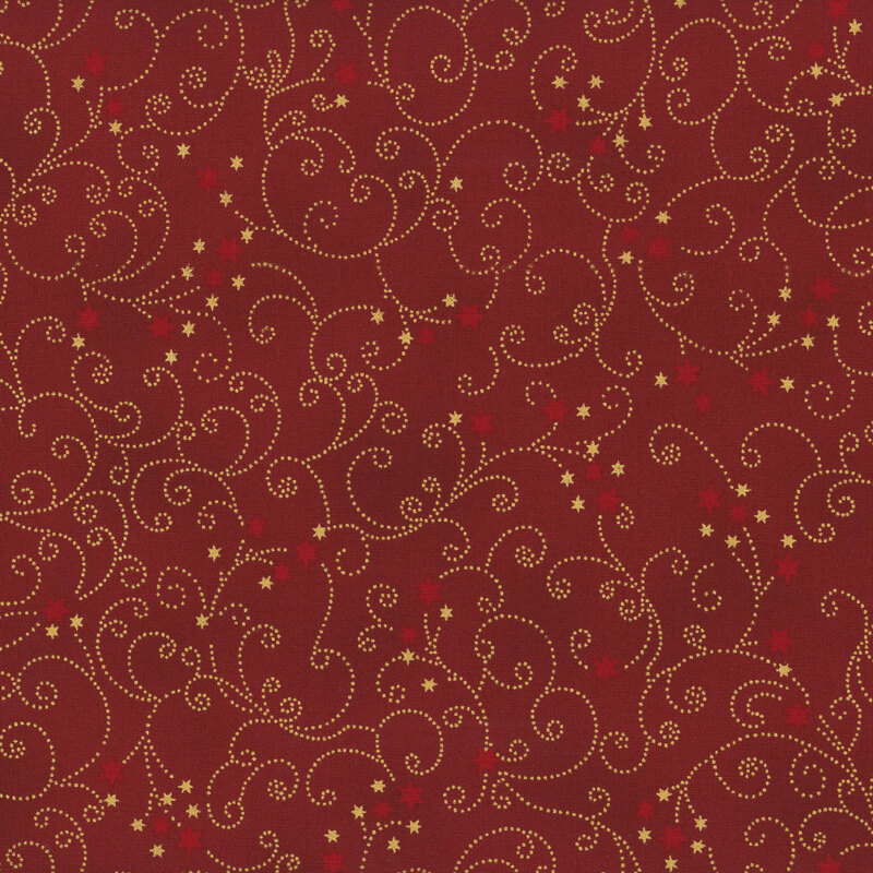 Mottled red fabric with small scattered stars and swirling filigree with gold metallic accents.
