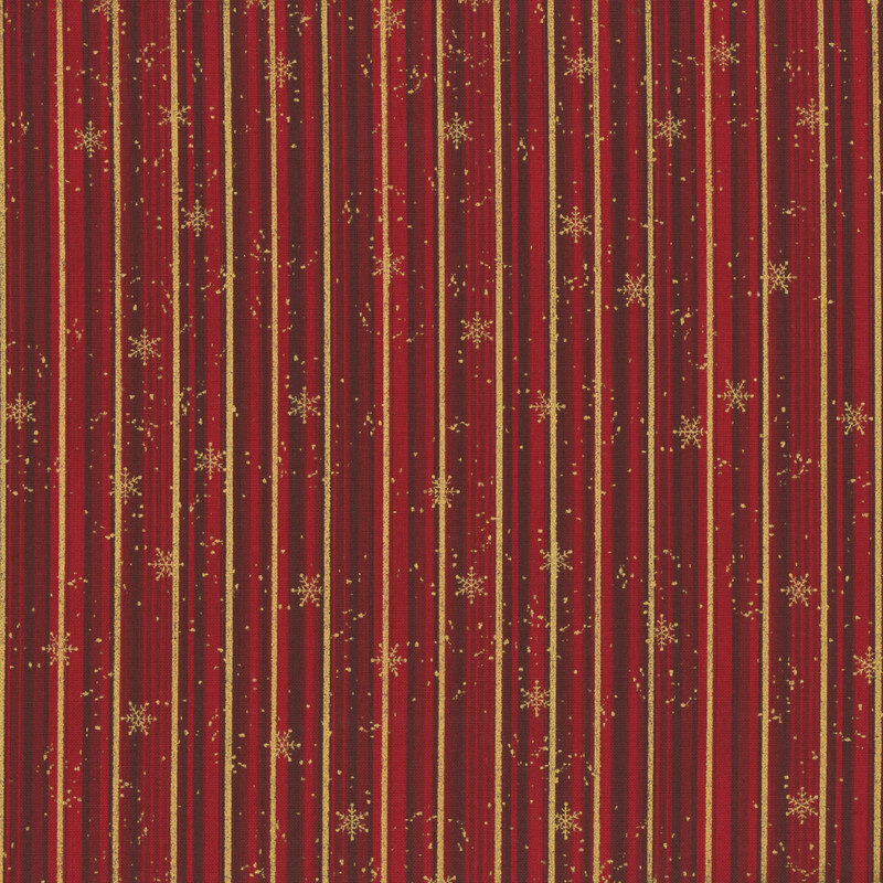 Mottled red fabric with tiny scattered snowflakes and gold, red, and dark red striping with gold metallic accents.