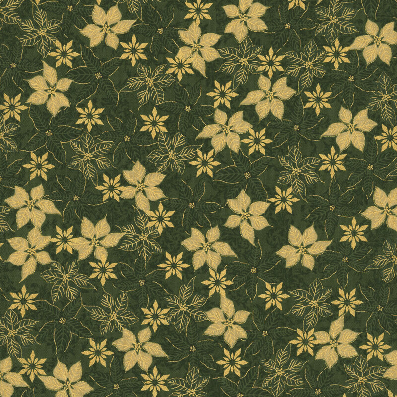 Mottled green fabric with scattered snowflakes and green and gold poinsettia flowers with gold metallic accents.