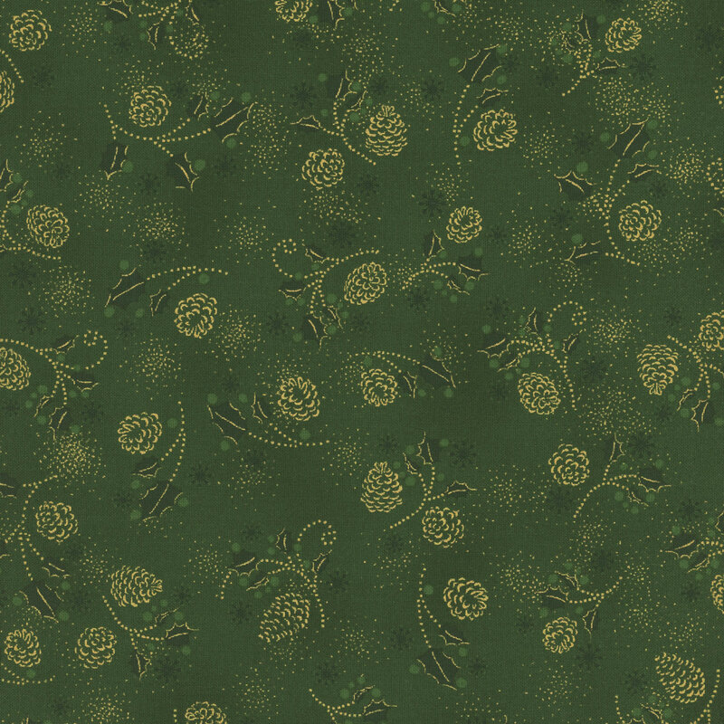 Mottled green fabric with scattered holly, small snowflakes, and pinecones with gold metallic accents.