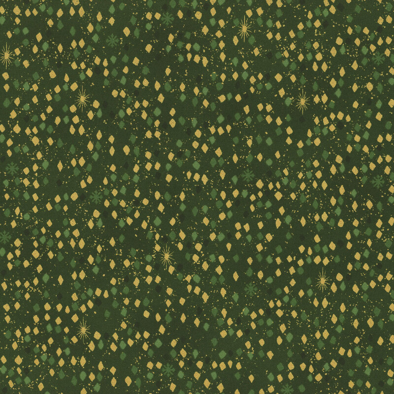 Mottled green fabric with tiny scattered stars, snowflakes, and modern geometric design with gold metallic accents.