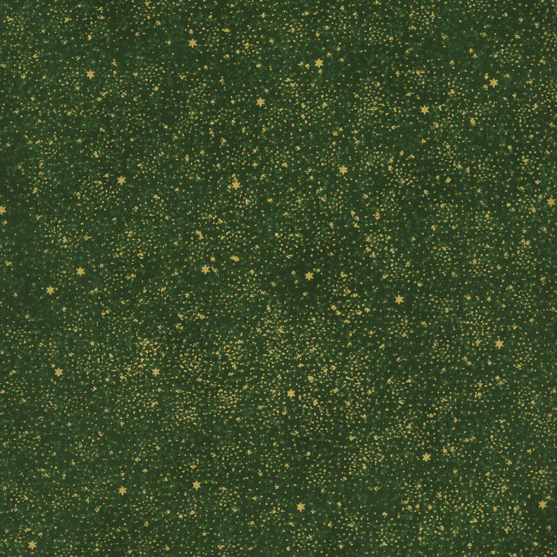 Mottled green fabric with tiny scattered stars and slight texturing with gold metallic accents.
