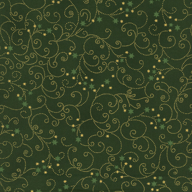 Mottled green fabric with tiny scattered stars and swirling filigree with gold metallic accents.