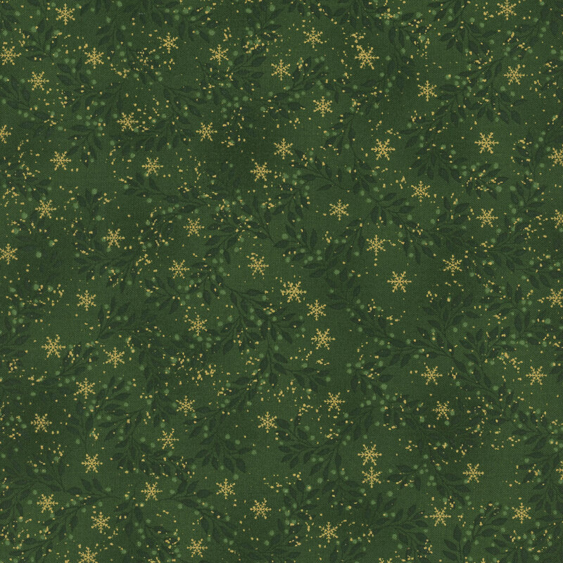 Mottled green fabric with tiny scattered snowflakes and dark branching leaves and vines with gold metallic accents.