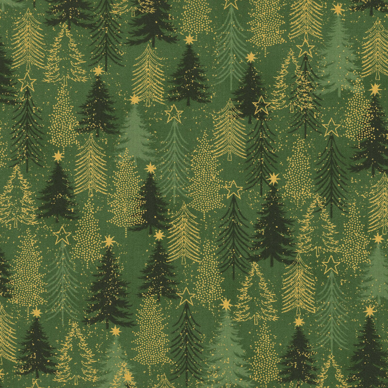 Mottled green fabric with small scattered stars and a forest of trees with gold metallic accents.