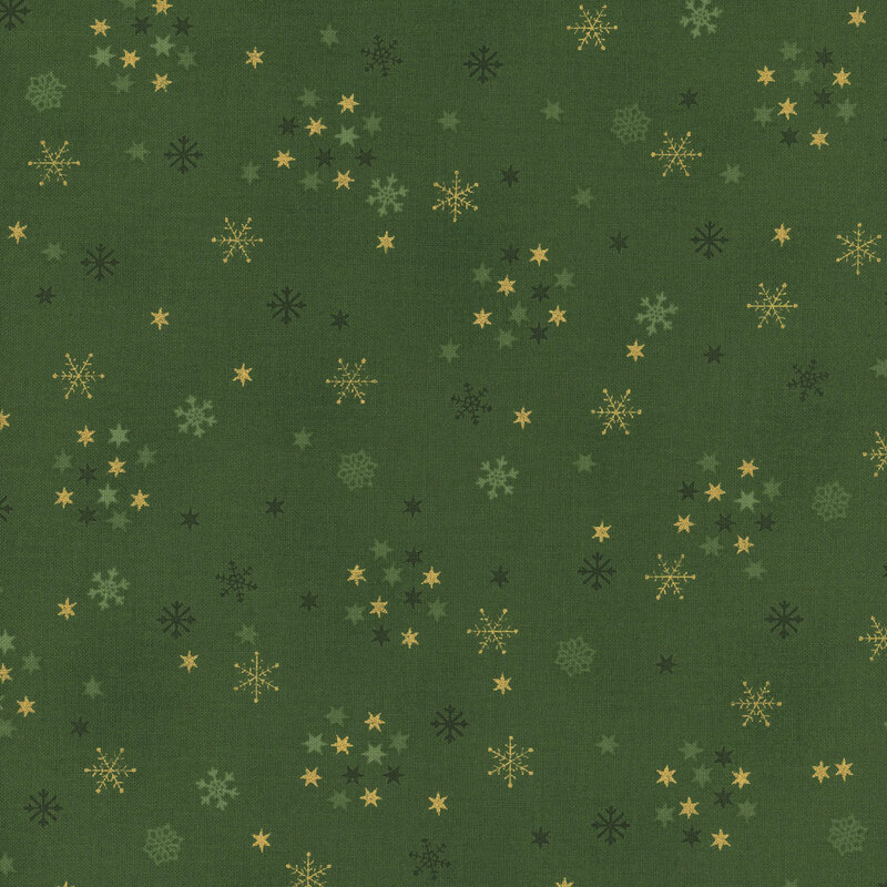 Mottled green fabric with small scattered stars and snowflakes with gold metallic accents.