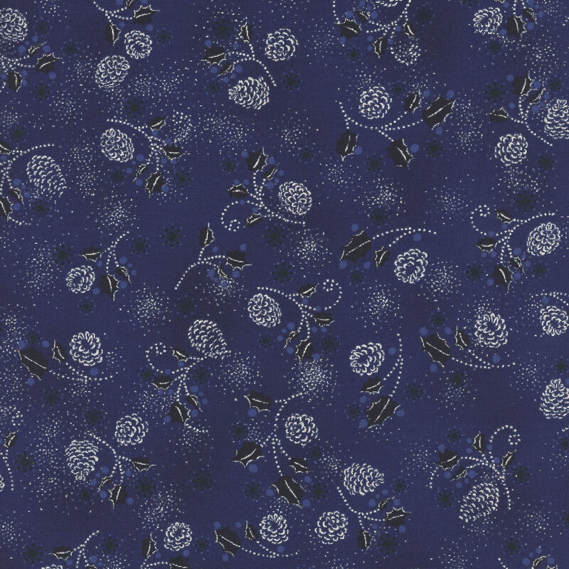 Mottled dark blue fabric with tossed holly leaves, scattered snowflakes, and pinecones with silver metallic accents.