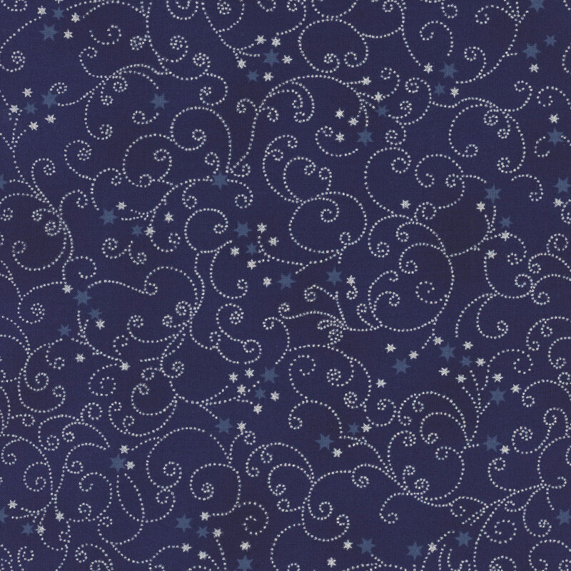 Mottled dark blue fabric with tiny scattered stars and swirling filigree with silver metallic accents.