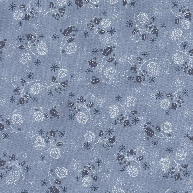 Mottled light blue fabric with tossed holly, tiny snowflakes, and pinecones with silver metallic accents.