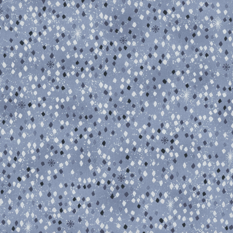 Mottled light blue fabric with tiny scattered snowflakes and modern geometric design with silver metallic accents.