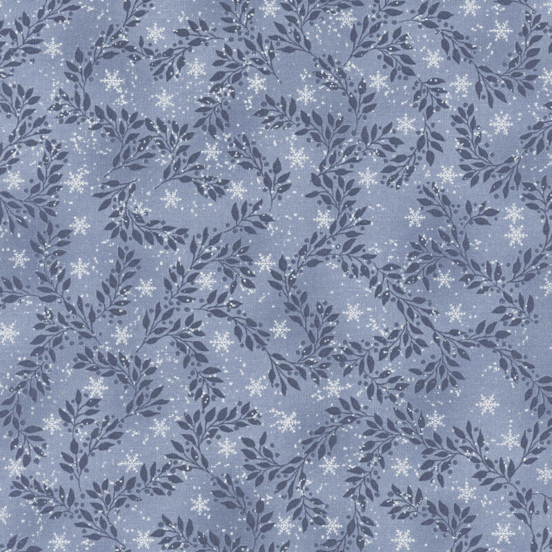 Mottled light blue fabric with tiny scattered snowflakes and branching dark leaves and vines with silver metallic accents.