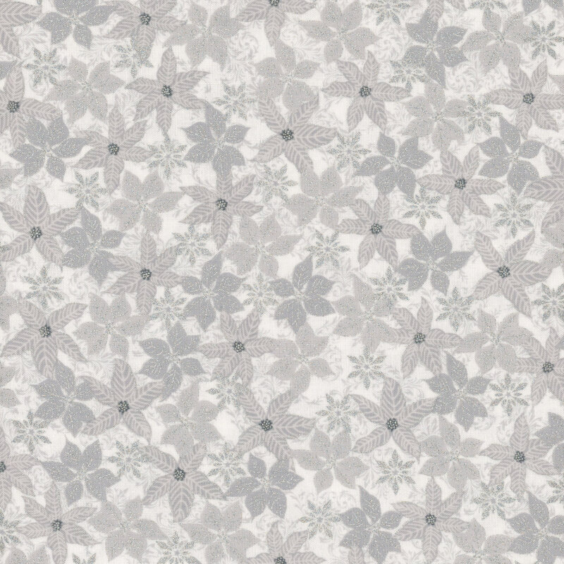 White fabric with gray poinsettia flowers with silver metallic accents.