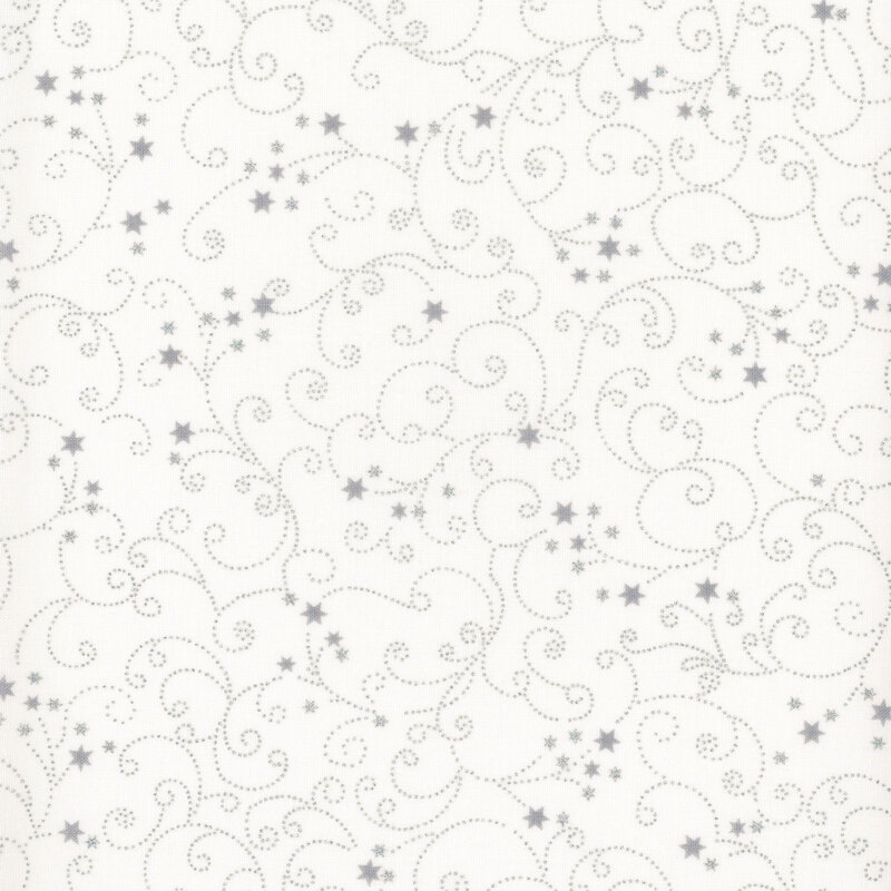 Off-white fabric with small scattered stars and swirling filigree with silver metallic accents.