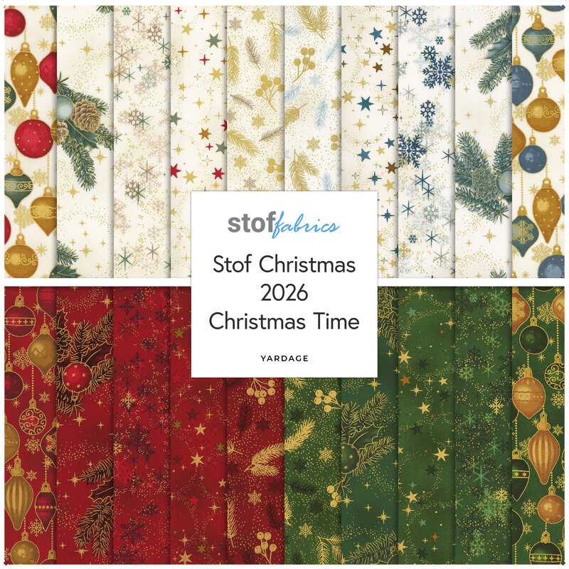 A stacked collage of metallic Christmas fabrics included in the Stof Christmas 2026 - Christmas Time collection.