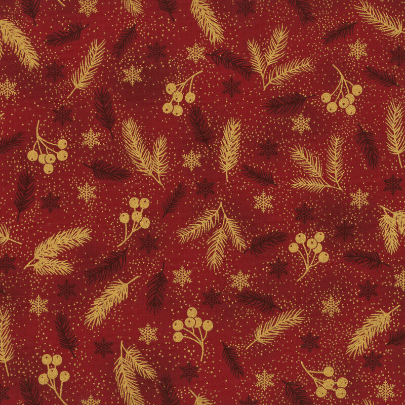 Mottled red fabric with tossed pine branches, berry clusters, and snowflakes with gold metallic accents.