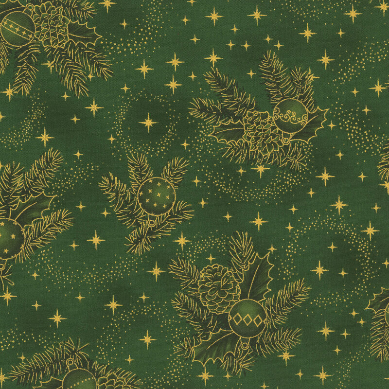 Mottled green fabric with tossed clusters of pine branches, pinecones, Christmas ornaments, and stars with gold metallic accents.