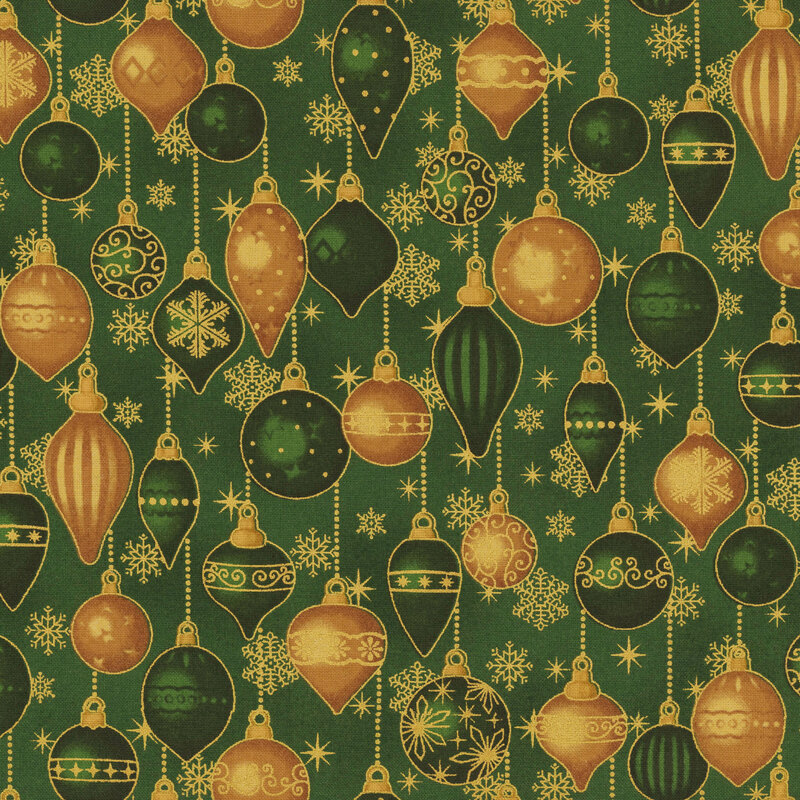 Mottled green fabric with snowflakes and hung Christmas ornaments with gold metallic accents.