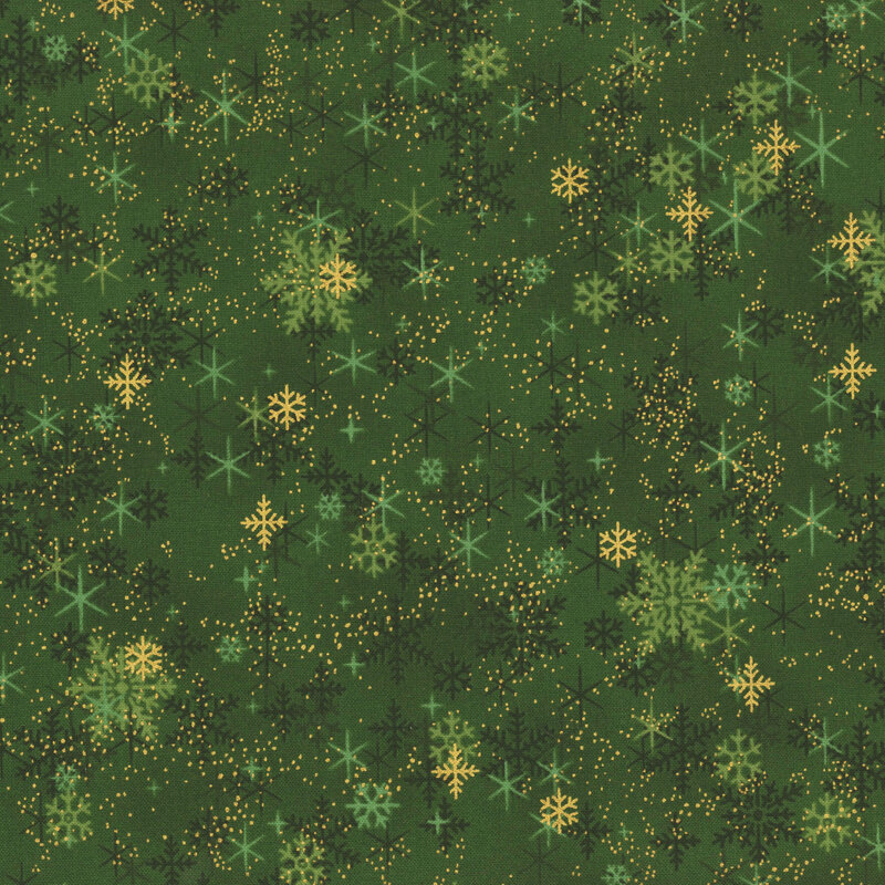 Mottled green fabric with scattered snowflakes, stars, and lightly flecked gold metallic.