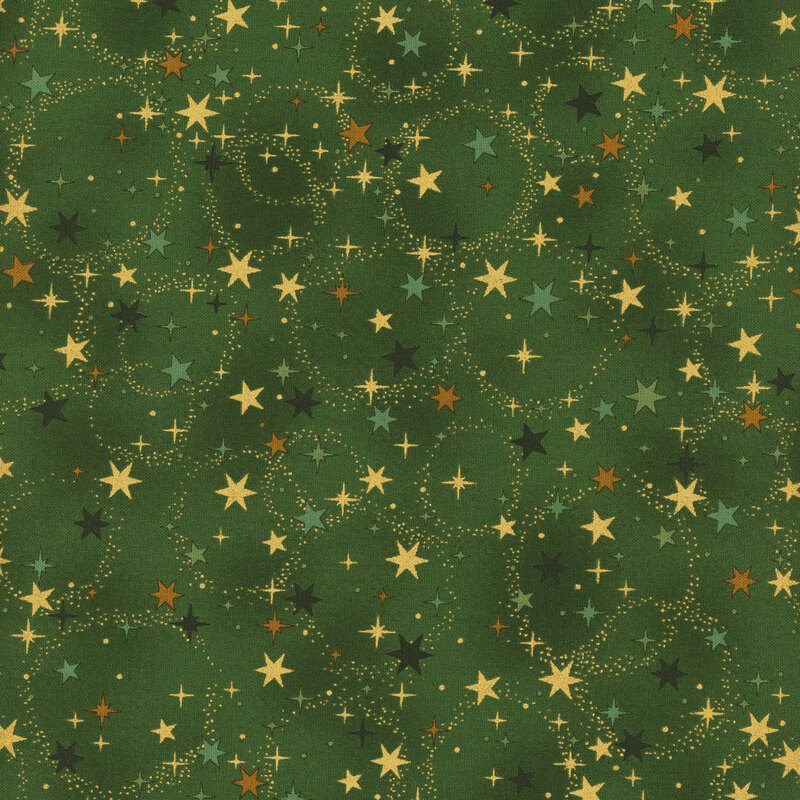 Mottled green fabric with scattered, stylized stars and lightly dotted circles with gold metallic accents.