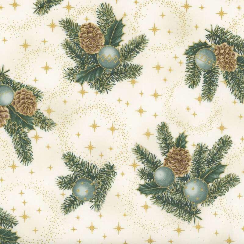 Mottled cream fabric with tossed clusters of pine branches, pinecones, Christmas ornaments, and stars with gold metallic accents.