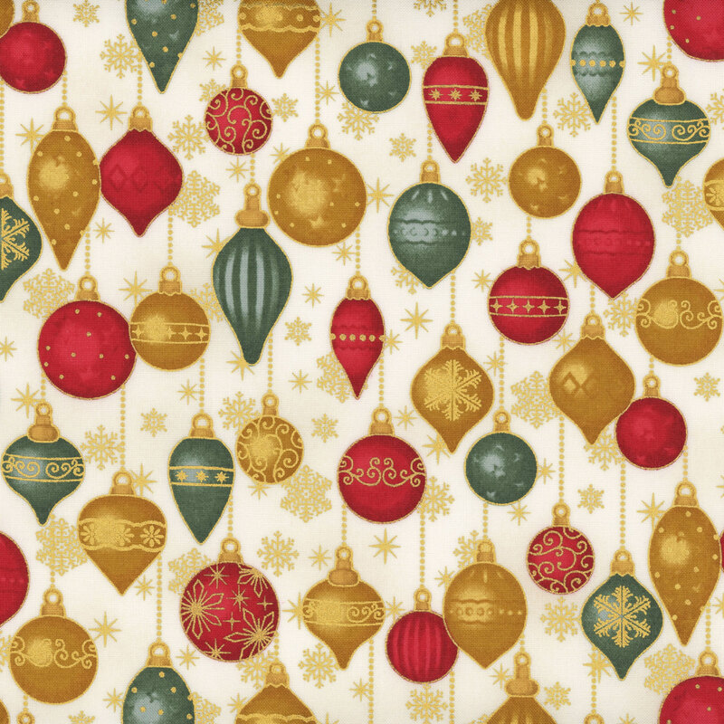 Mottled cream fabric with snowflakes and hung Christmas ornaments with gold metallic accents.
