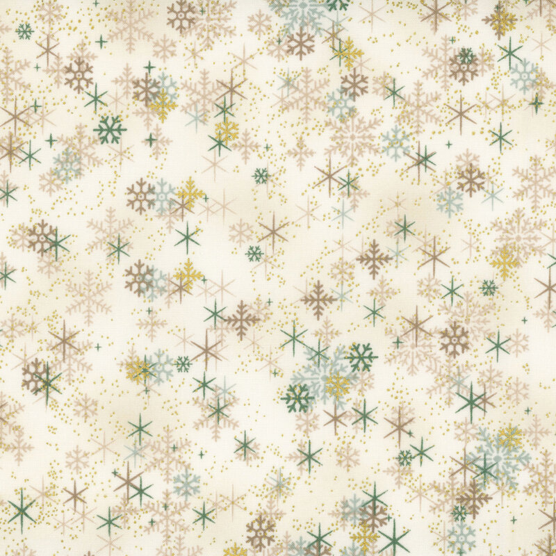 Mottled cream fabric with scattered snowflakes, stars, and lightly flecked gold metallic.