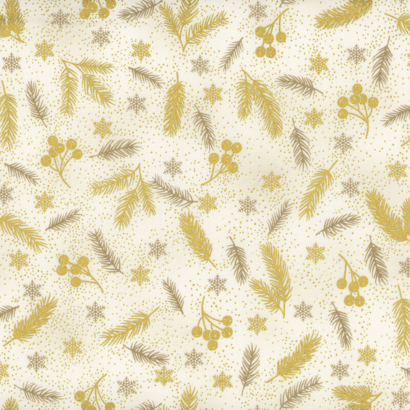 Mottled cream fabric with tossed pine branches, berry clusters, and snowflakes with gold metallic accents.
