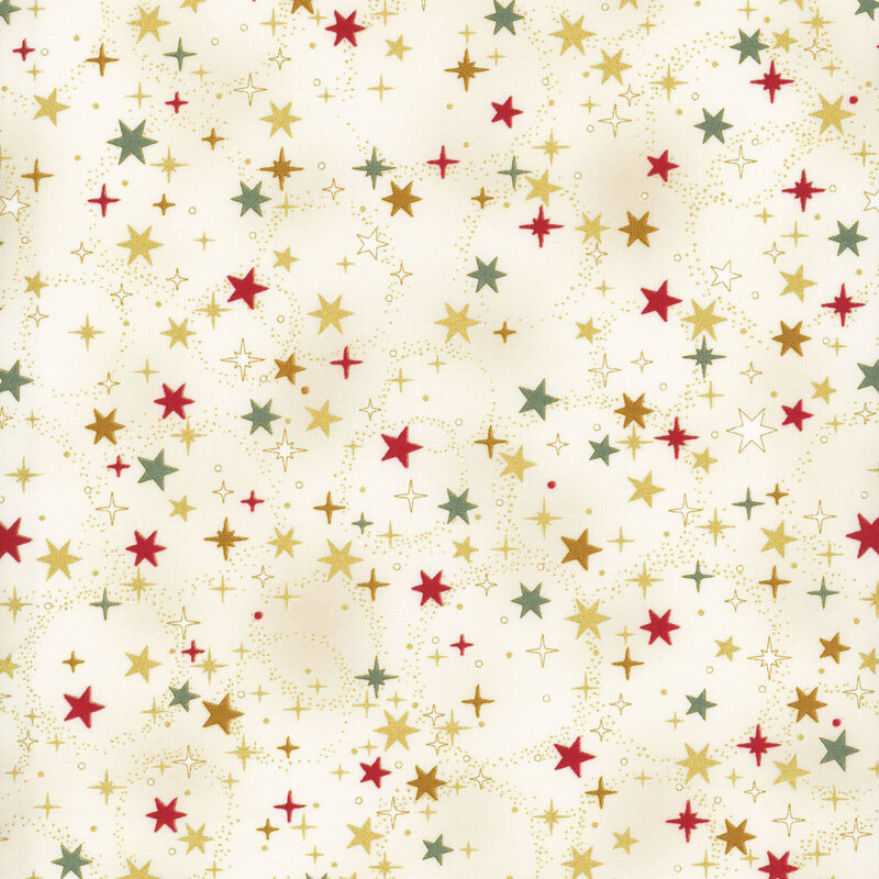 Mottled cream fabric with scattered, stylized stars and lightly dotted circles with gold metallic accents.