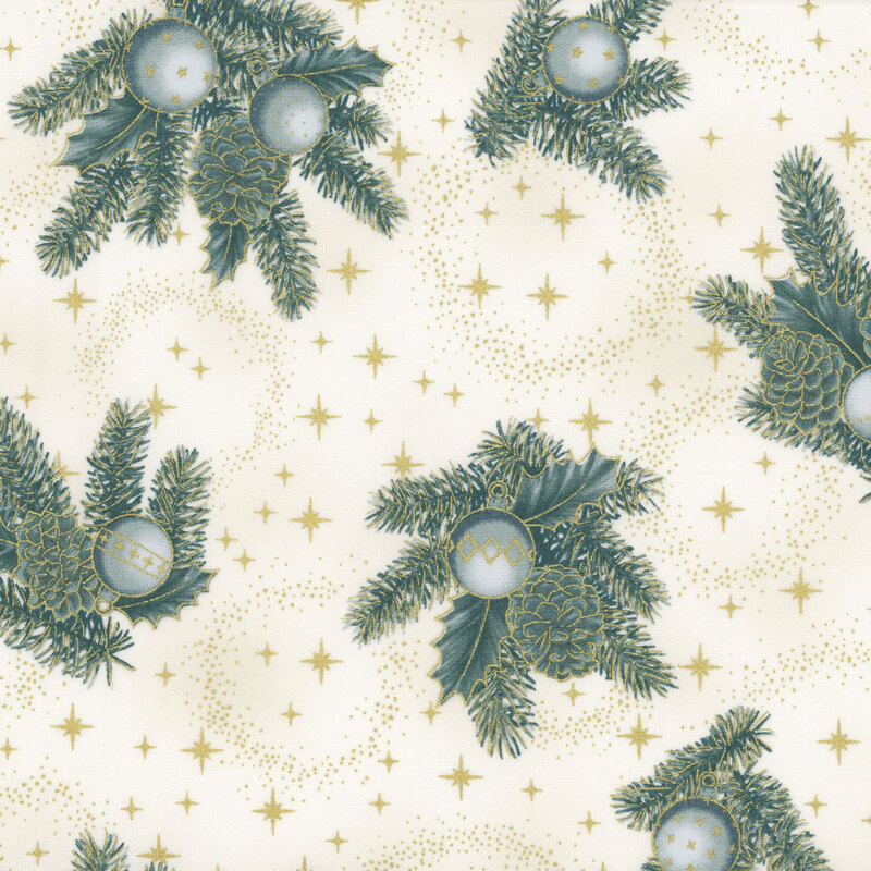 Mottled cream fabric with tossed clusters of pine branches, pinecones, Christmas ornaments, and stars with gold metallic accents.
