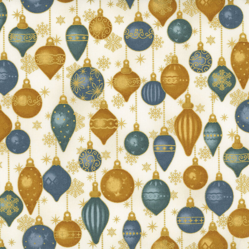 Mottled cream fabric with snowflakes and hung Christmas ornaments with gold metallic accents.