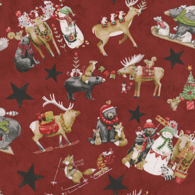 Textured maroon background with various woodland creatures, snowmen, Christmas trees, skis, and sleds.