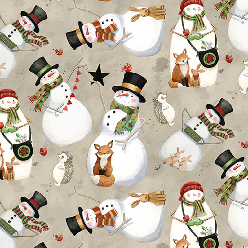 Textured taupe background featuring snowmen in hats and scarves with small woodland creatures and little red birds