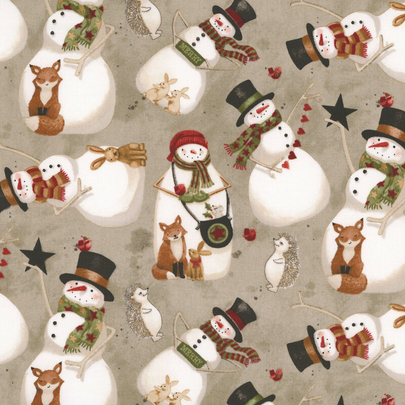 Textured taupe background featuring snowmen in hats and scarves with small woodland creatures and little red birds