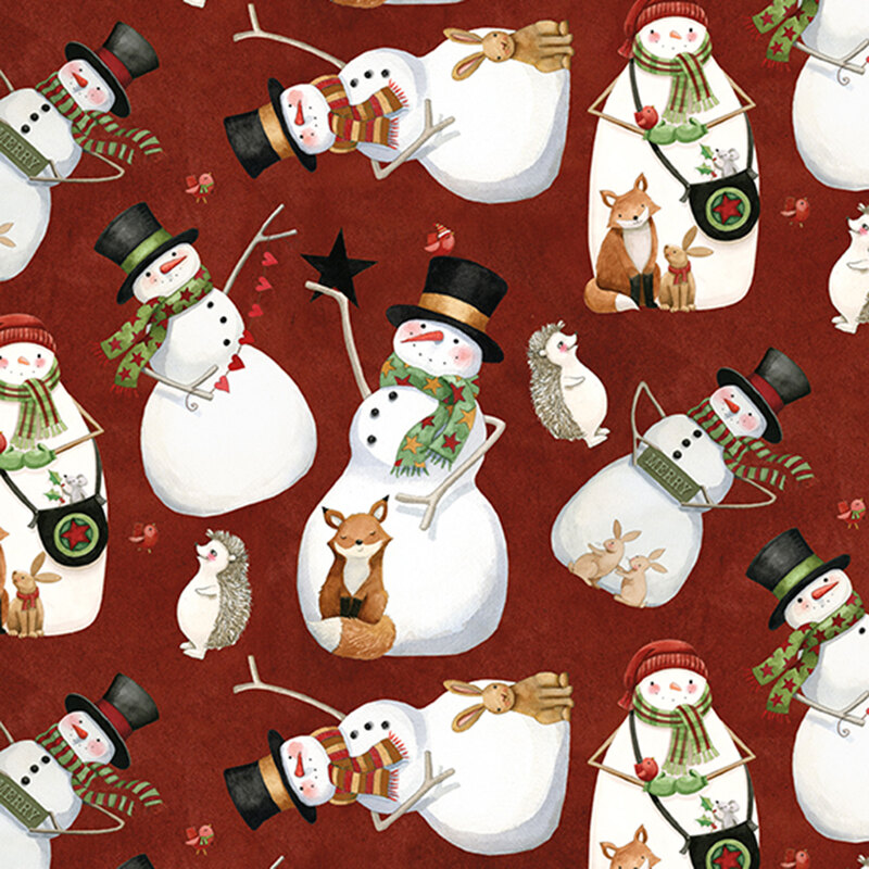 Textured maroon background featuring snowmen in hats and scarves with small woodland creatures and little red birds