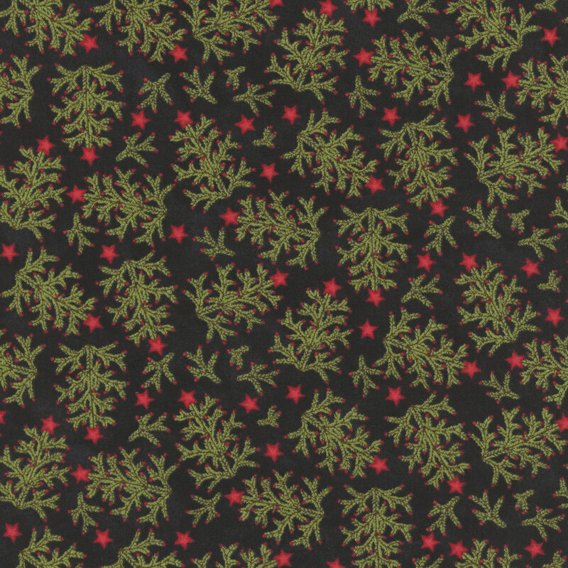 Black fabric with fir tree branches topped with bright red stars