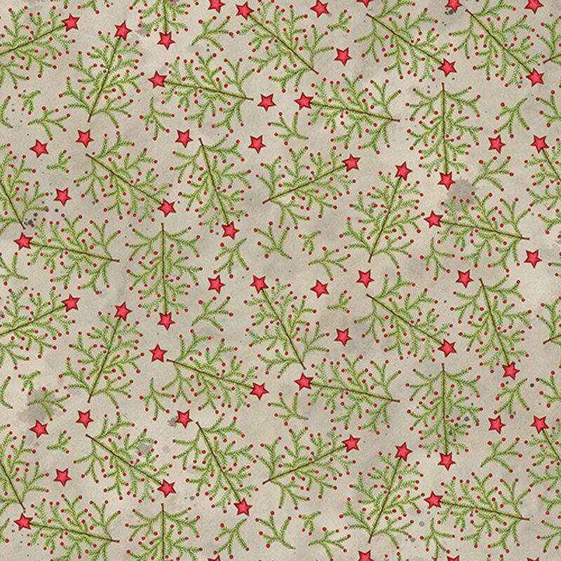 Dark greige fabric with light green fir tree branches topped with bright red stars