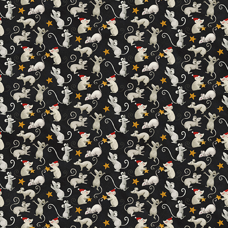 Black fabric with a pattern of little mice with Santa hats and golden stars