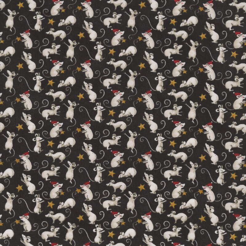 Black fabric with a pattern of little mice with Santa hats and golden stars