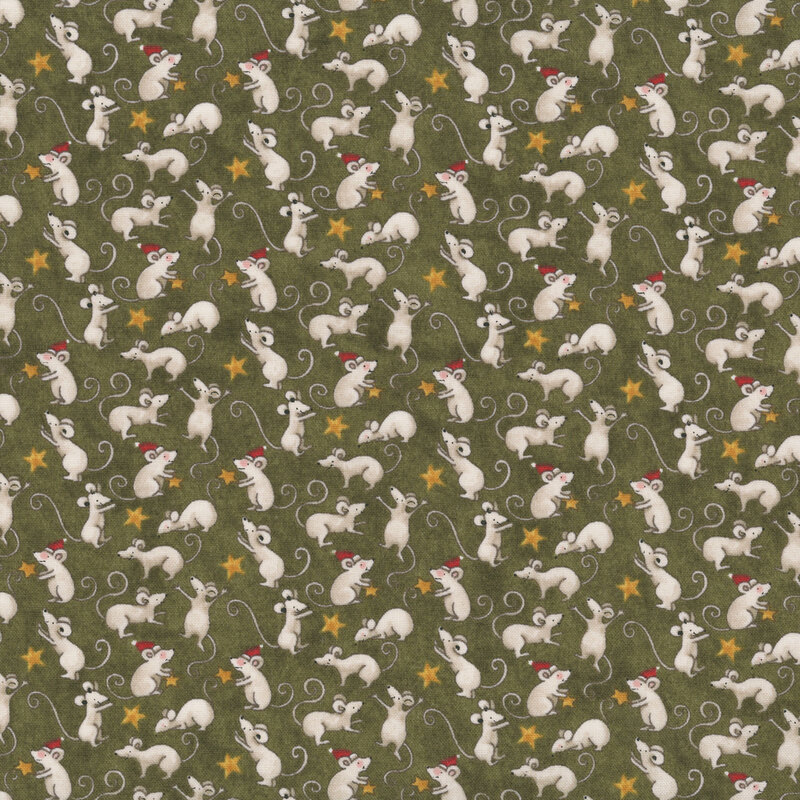 Sage green fabric with a pattern of little mice with Santa hats and golden stars