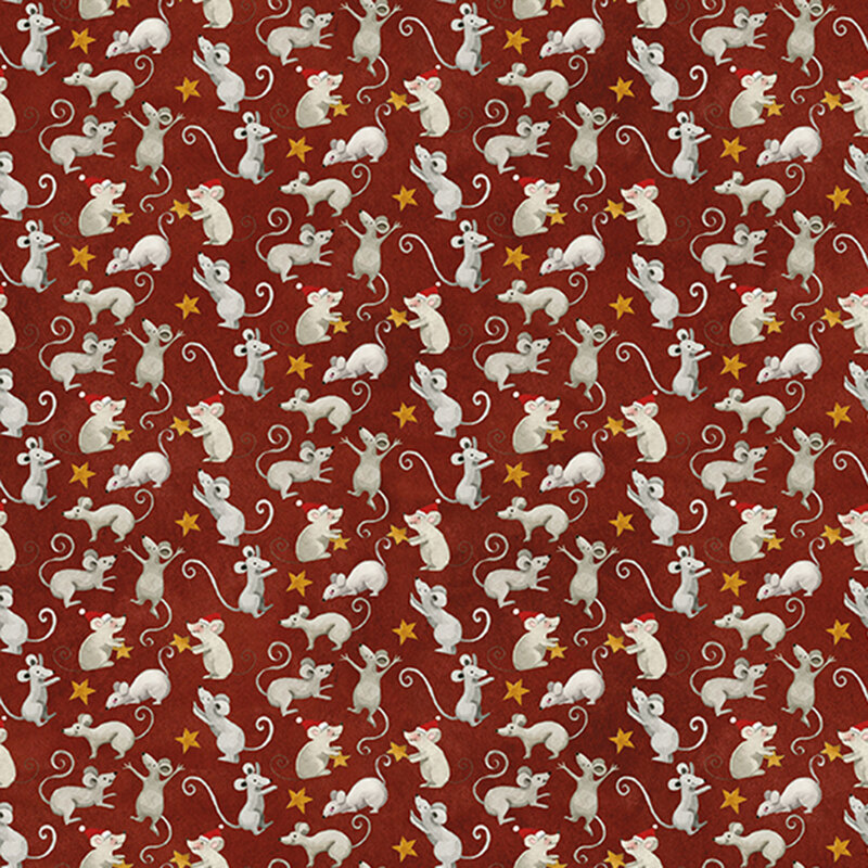 Mottled cinnamon red fabric with a pattern of little mice with Santa hats and golden stars