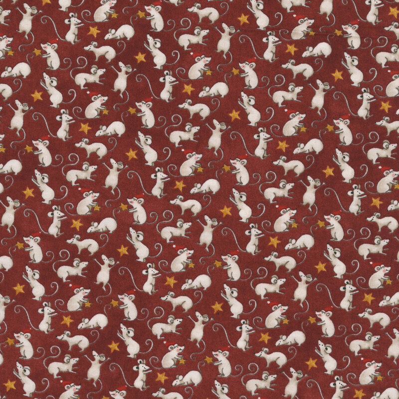 Mottled cinnamon red fabric with a pattern of little mice with Santa hats and golden stars