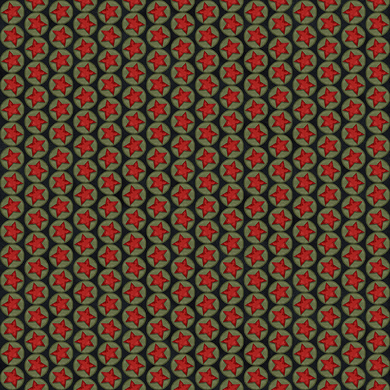 Black fabric with lines of green circles with red stars in the center