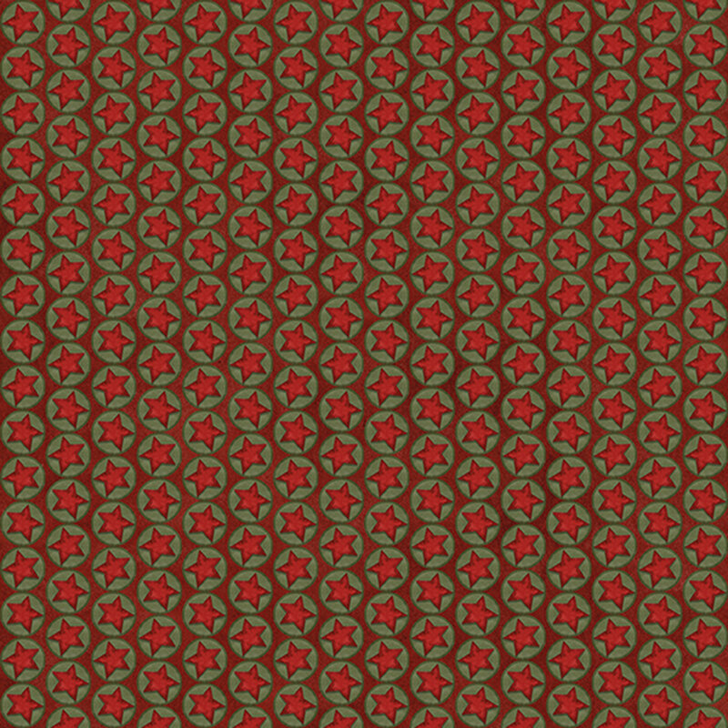Cinnamon red fabric with lines of green circles with red stars in the center