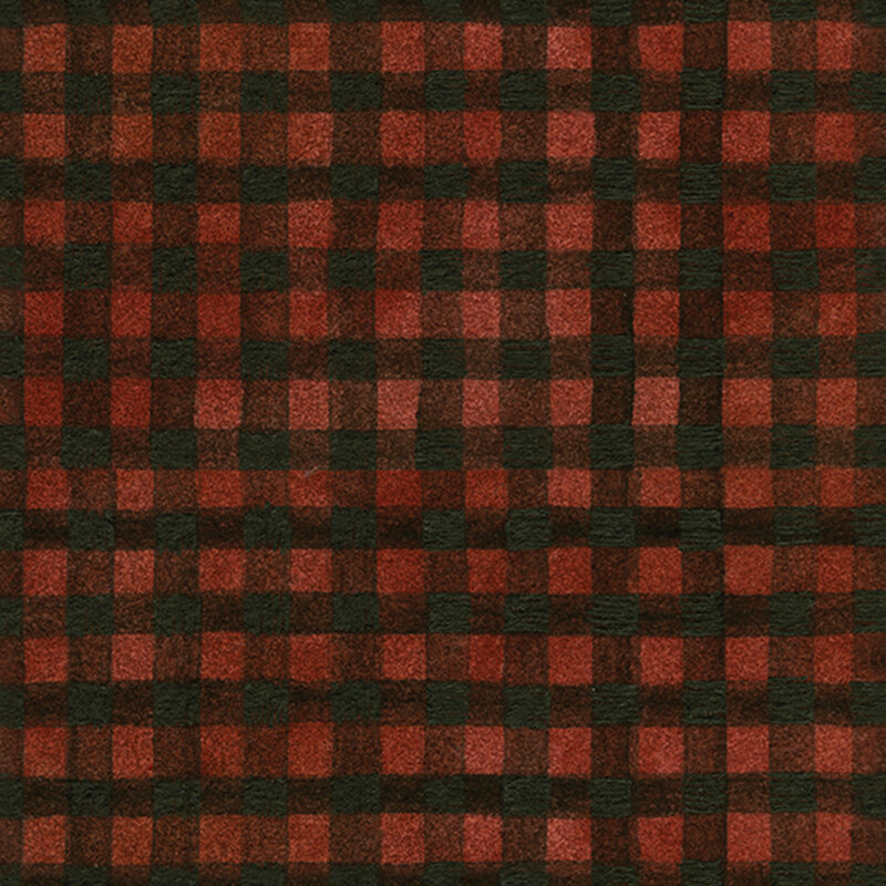 Textured cinnamon red fabric with a rustic charcoal gingham pattern
