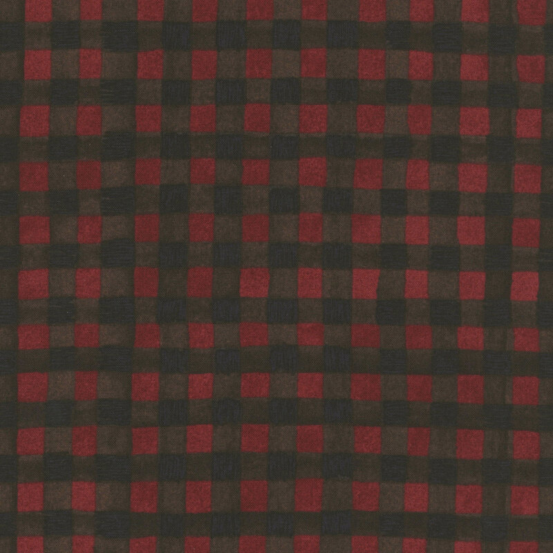 Textured cinnamon red fabric with a rustic charcoal gingham pattern