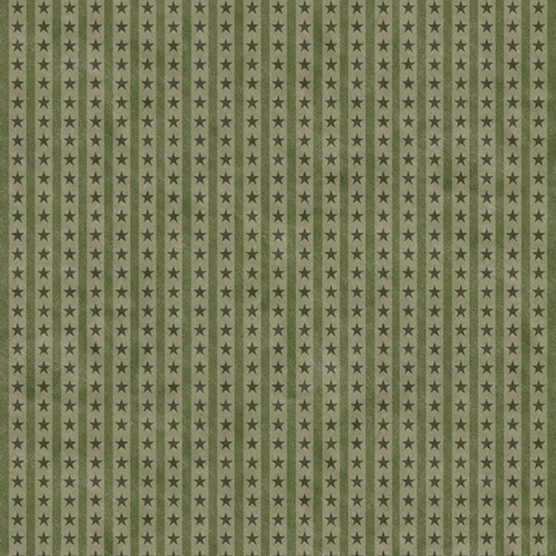 Mottled sage green fabric with dark sage vertical stripes and darker green stars 