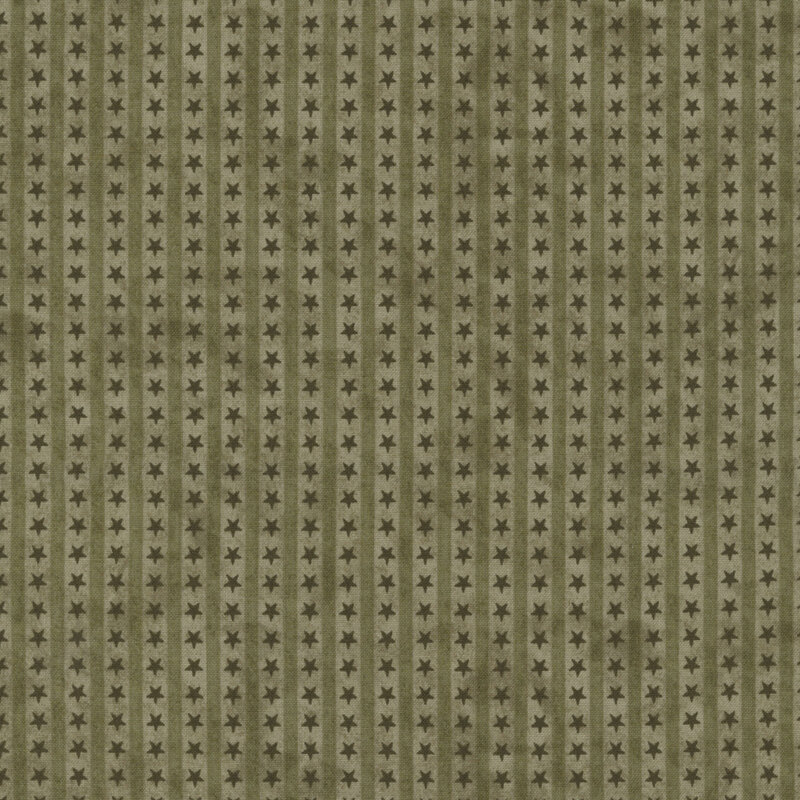 Mottled sage green fabric with dark sage vertical stripes and darker green stars 